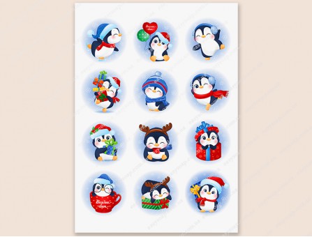 Набор картинок на водорастворимой бумаге "Новогодний-пингвины", круг 6,0х6,0